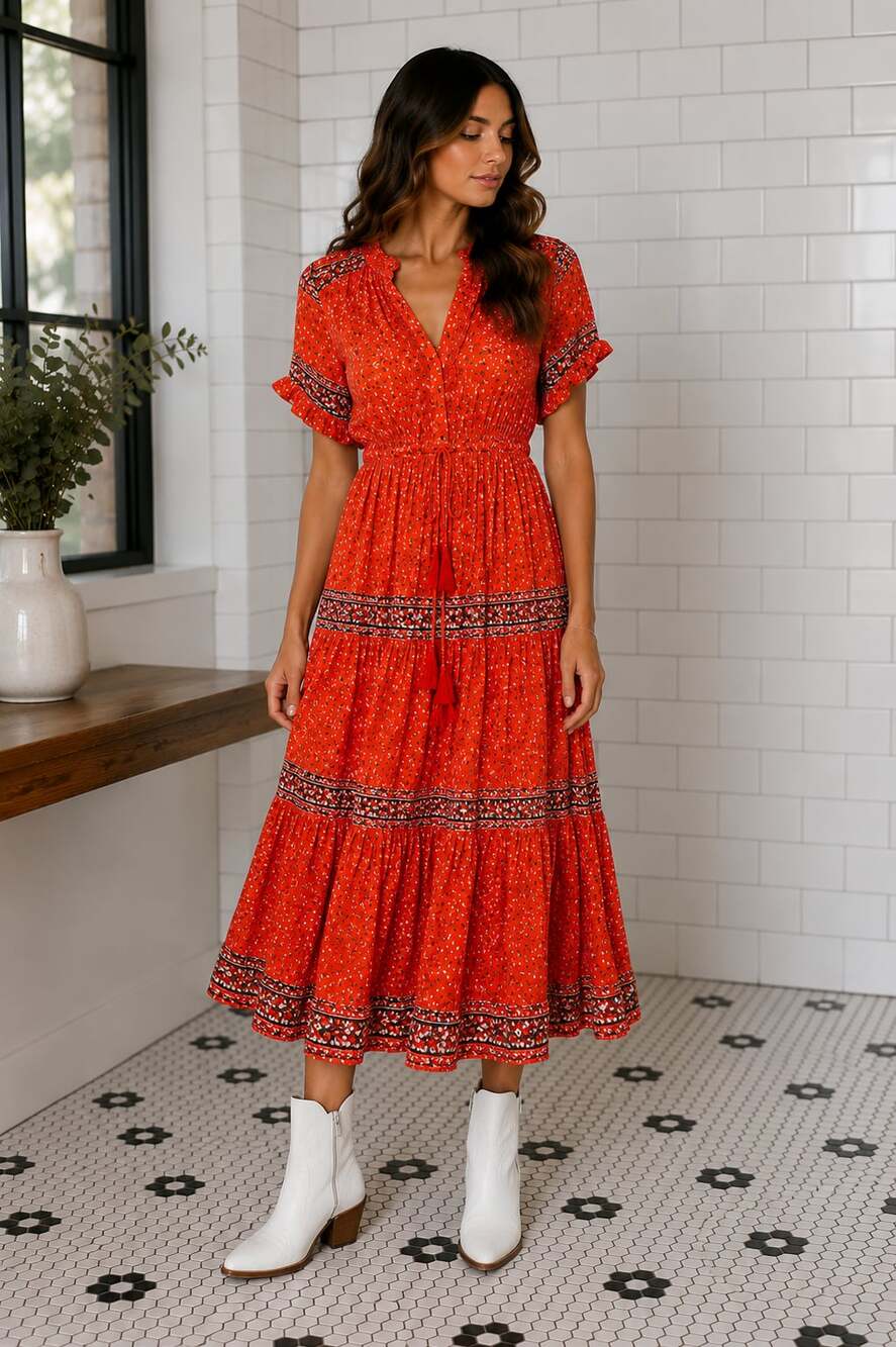 Free People Orange Floral Tiered Midi Dress Ruffle Sleeve Boho Size Large
